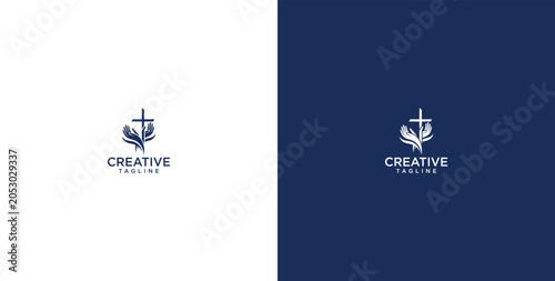 Quadro su tela Minimalist Christian Cross and Praying Hands Logo Design for Spiritual Ministrie