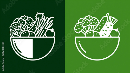 Healthy salad bowl icons in outline and solid style fresh vegetable food illustration for nutrition and diet concepts, food symbols, dietary graphics, with copy space