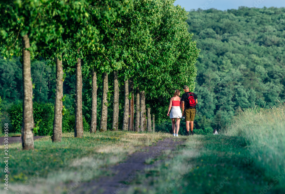 Fototapeta premium Man and woman walking along a beautiful pedestrian tree lined alley path into distance
