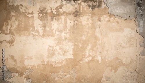Aged, distressed plaster wall with faded beige paint and cracks, old-fashioned vintage background for retro style interior or design concepts.