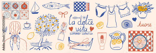Bild auf Leinwand Collection of hand drawn doodle Mediterranean summer holiday Italian lifestyle elements with boat,  fish, lemon tree, ,romantic seaside sketches, seafood, and cute travel  celebrating la dolce vita