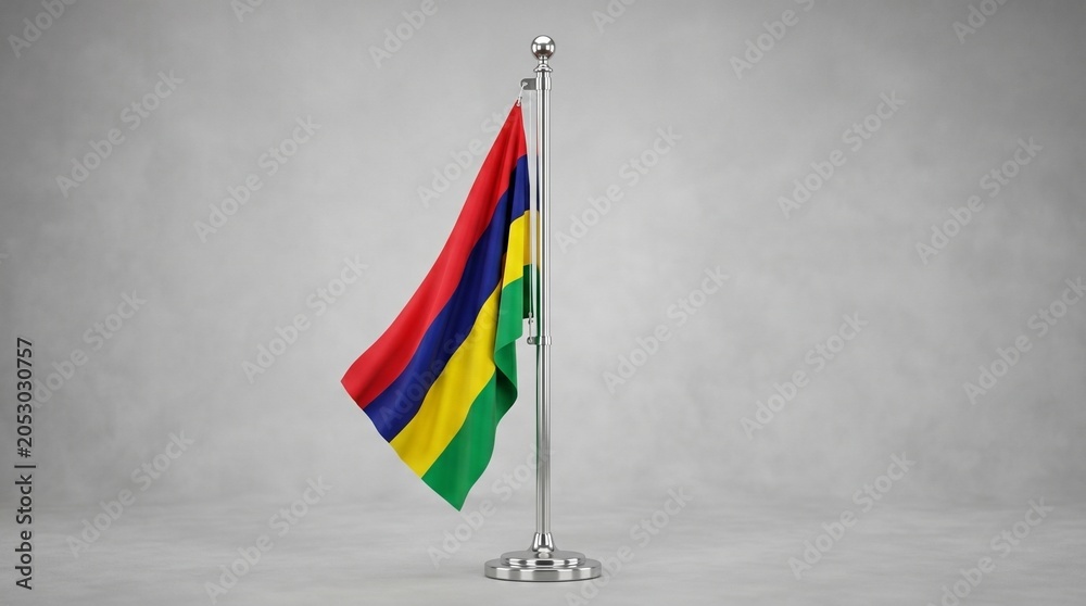 Naklejka premium The national flag of Mauritius, with its vibrant red, blue, yellow, and green horizontal stripes, proudly displayed on a polished silver flagpole against a simple grey background.