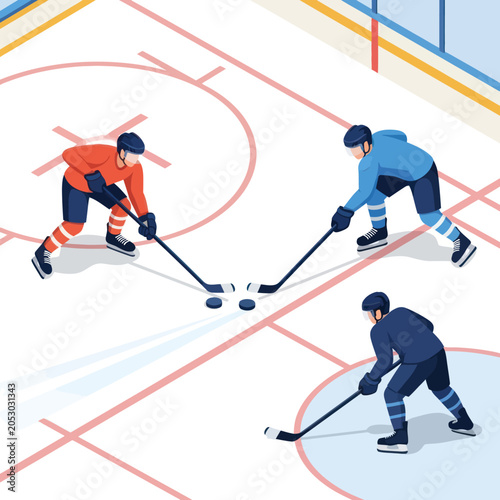 Photos Hockey players competing on ice rink.