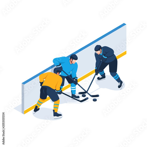 Photography Hockey players competing for puck control.
