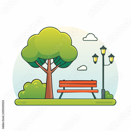 Park Scene with Bench, Tree, and Lamppost