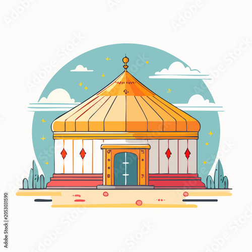 Stylized Illustration of a Circular Building with a Golden Dome