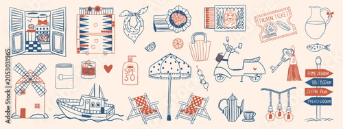 Collection of hand drawn summer travel and Mediterranean vacation elements. Set og scooter, fishing boat, beach umbrella, deckchairs, windmill, and hotel key in a naive vintage doodle style