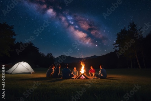 Diverse group of six young adults sitting around campfire near white tent under starry Milky Way night sky in mountain meadow, warm firelight, travel, camping, friendship, adventure