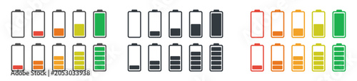 Battery Status Icon Set With Charging Levels Power Indicators Low Battery Warnings Full Charge Symbols and Energy Meter Graphics