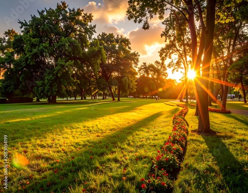 Golden hour illuminates a verdant park with vibrant trees, long shadows, and a floral path. The sky is ablaze with sunlight