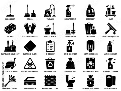 Cleaning and housekeeping icons set with sanitation equipment janitorial tools and hygiene service symbols