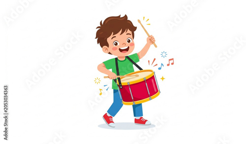 Happy Boy Playing Red Drum Cartoon Vector Illustration with Joyful Music Performance