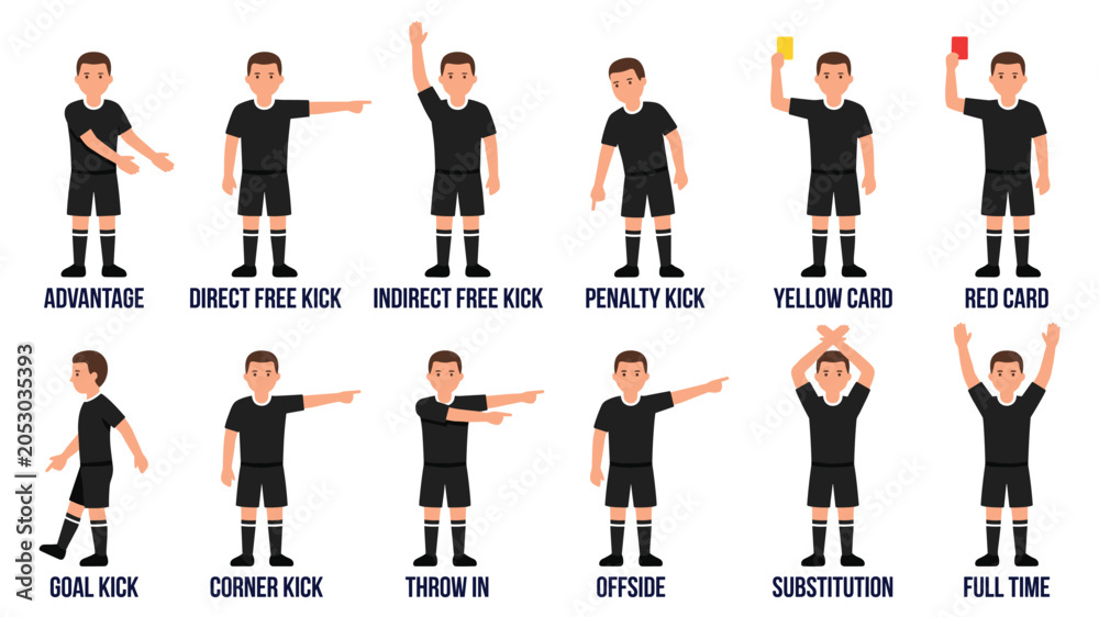 Αυτοκόλλητο Football Referee Signals Vector Set Flat Cartoon Character Rules Guide Infograph