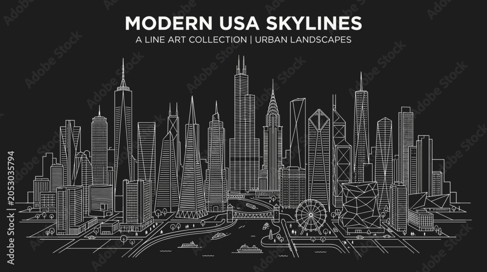 Obraz premium Modern USA city skylines line art collection with famous urban landmarks and architectural cityscapes