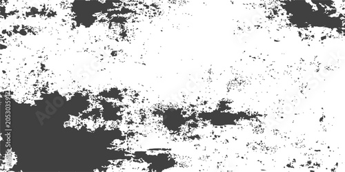 An abstract black ink splat and grunge paint splatter texture forms a dirty vector frame design with a floral border illustration on a decorative paper background