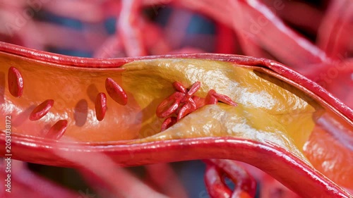 Cholesterrol or Atherosclerotic Plaque in blood vessels, Blocked vessel stroke, Thickened Arteries and Veins, Coronary, fat buildup clogging, Atherosclerosis or atheromatous Hyperlipidemia, 3d render