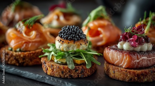Delicious appetizers ready to be served at a party in an elegant setting with various toppings and garnishes