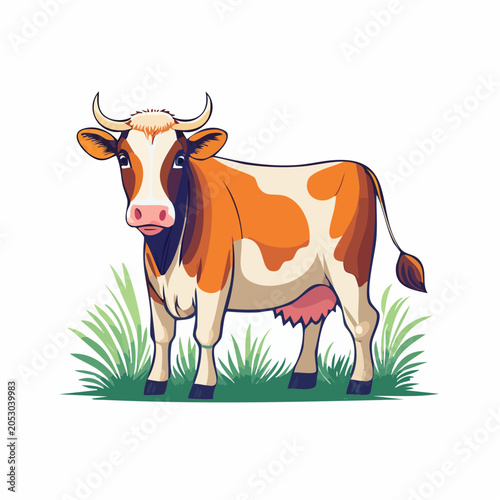 Cartoon Cow Standing in Green Grass
