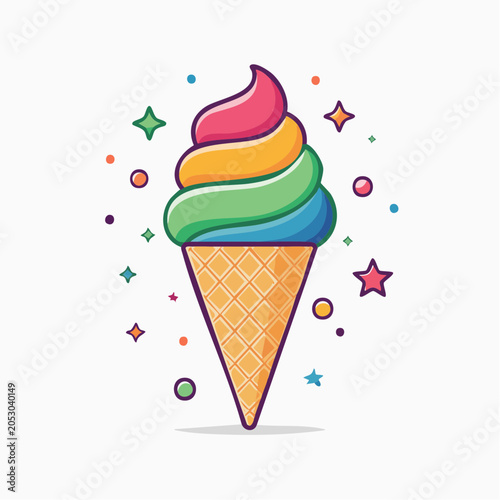 Rainbow Ice Cream Cone with Stars and Dots