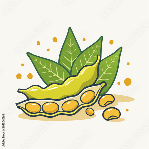 Soybean Pod with Beans and Leaves Illustration