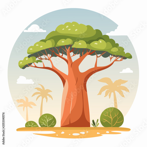 Stylized Baobab Tree in African Landscape