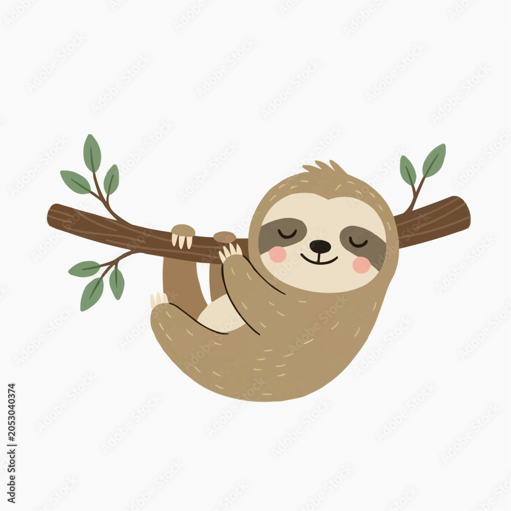 Fototapeta premium Cute illustration of a sloth hanging from a branch, sleeping peacefully.