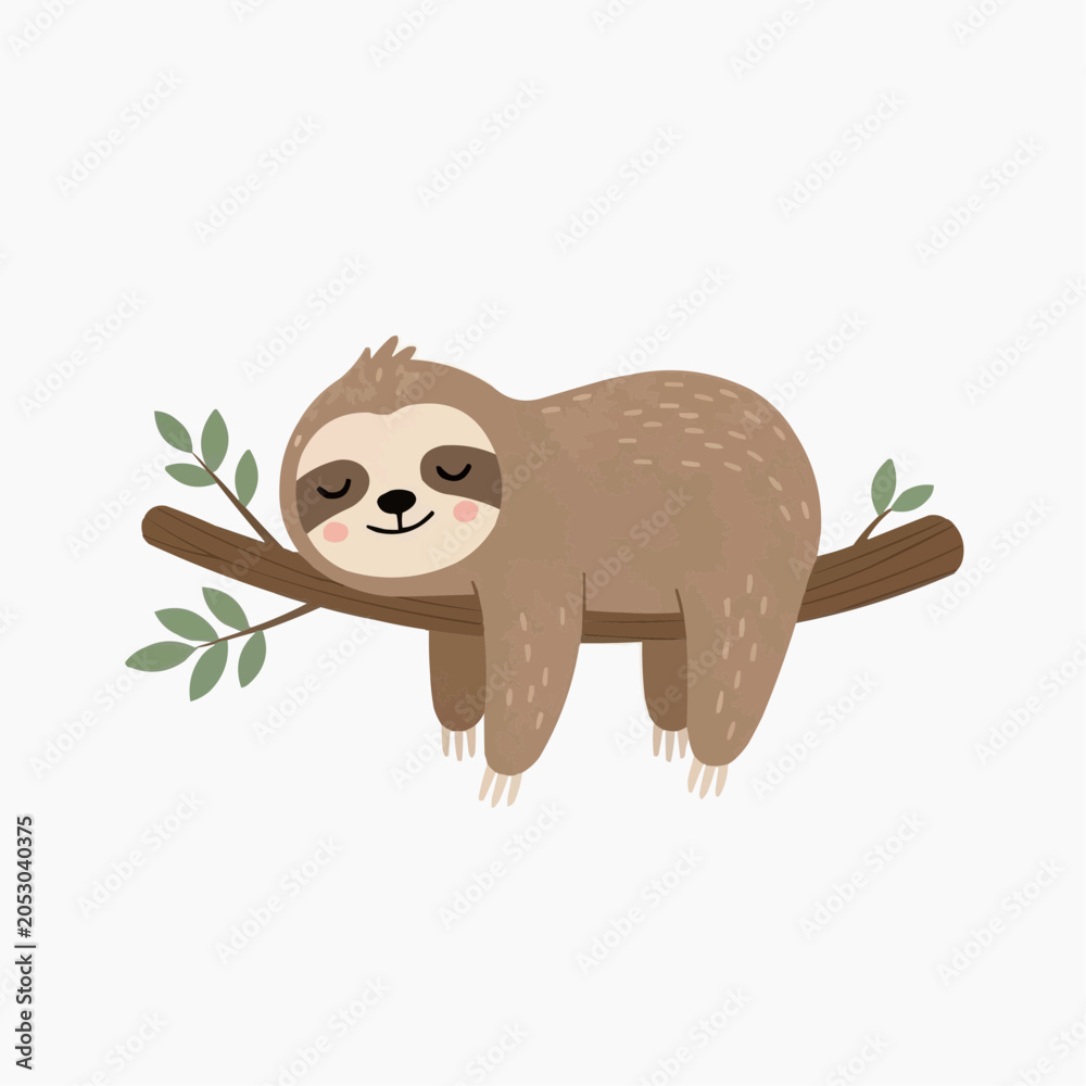 Fototapeta premium Cute cartoon sloth sleeping on a tree branch