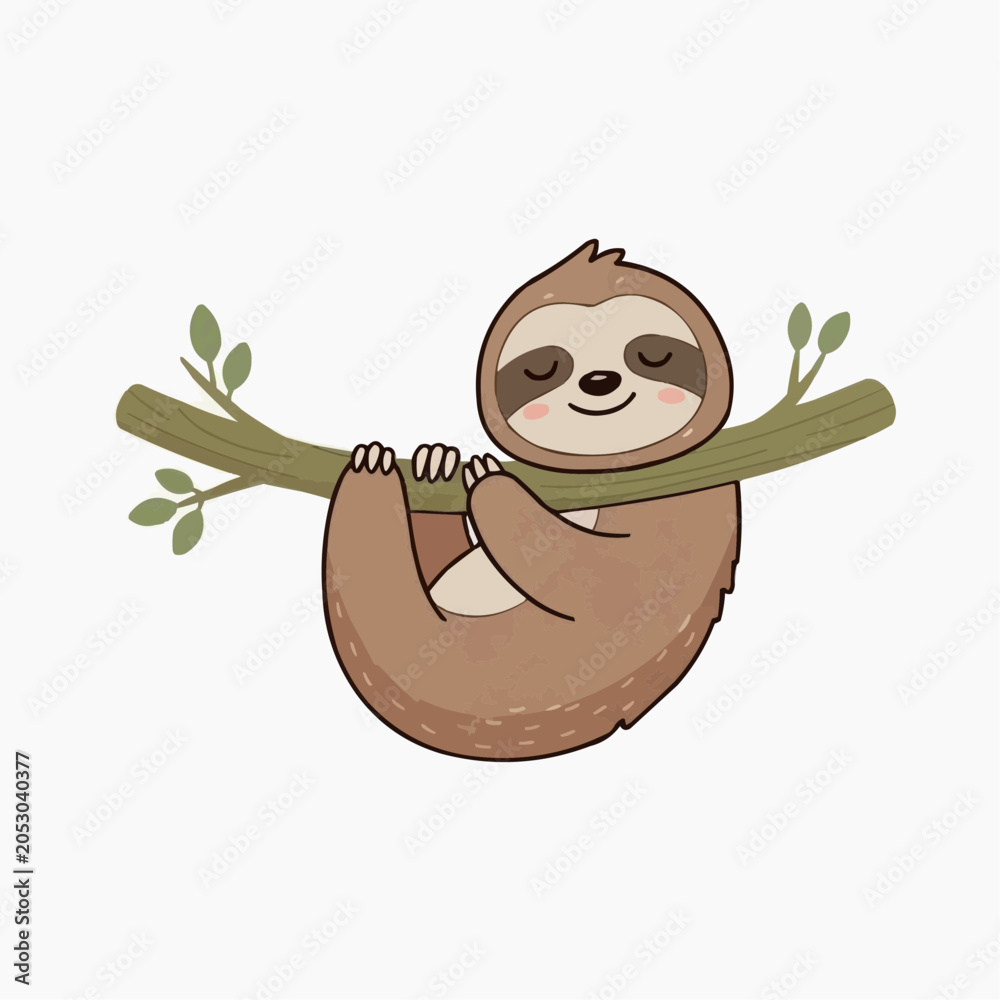 Fototapeta premium A cute cartoon sloth hanging on a branch with closed eyes and a smile.jpg