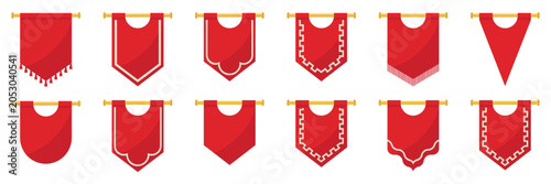Tableau sur toile Medieval Hanging Banners in Red Fabric with Decorative Tassels, Fringe Details a