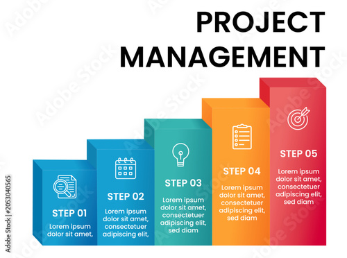 Creative Staircase Project Management Infographic Vector with Layered Steps and Workflow Icons