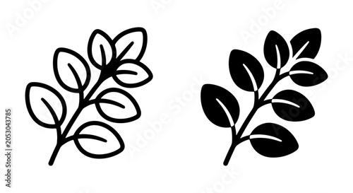 Minimalist Leaf Branch Icons, Outline and Solid Fill, Botanical Elements for Nature and Organic Design