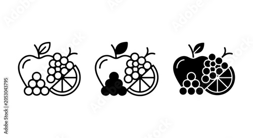 Fresh Fruit Icons Set: Apple, Grapes, Citrus Slice, Vector Graphics for Healthy Eating, Food & Beverage Branding