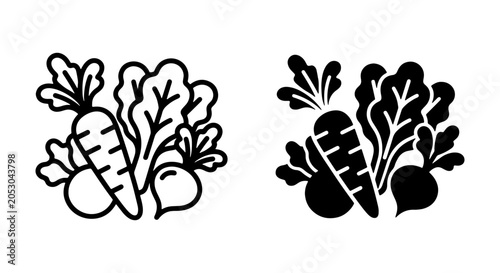 Root Vegetable Icons, Carrot Beet Radish Line Art and Silhouette Vector Set, Fresh Produce Graphics for Healthy Eating