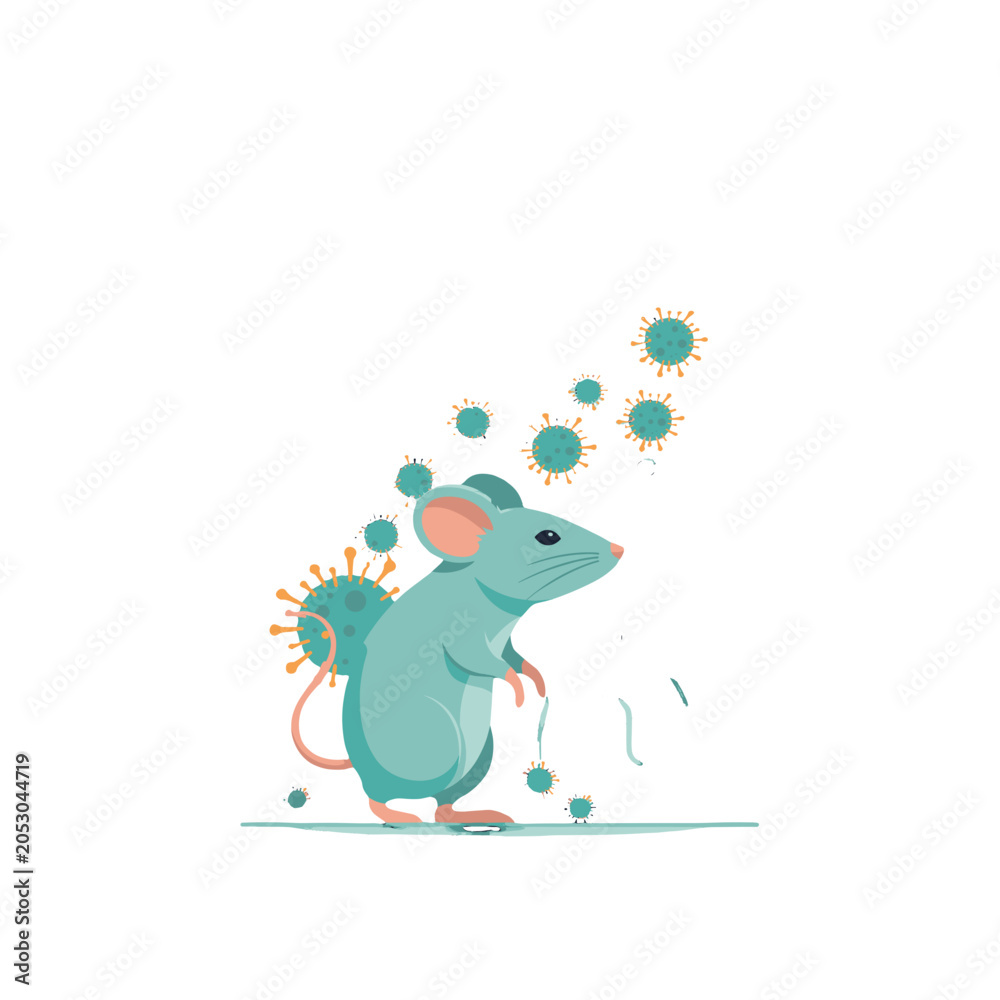 Obraz premium A blue mouse with a pink nose and ears stands near several green virus particles, indicating a scientific or health-related theme.