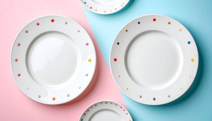 White ceramic plates with colorful polka dots, arranged on a pink and blue background