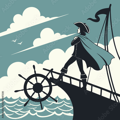 Tableau sur toile Ship captain standing at helm on ocean waves graphic illustration with nautical