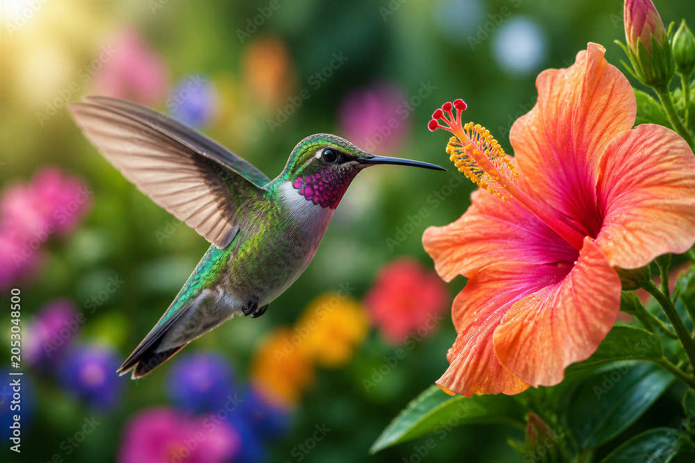 Obraz premium Hummingbird hovering to feed on hibiscus in garden