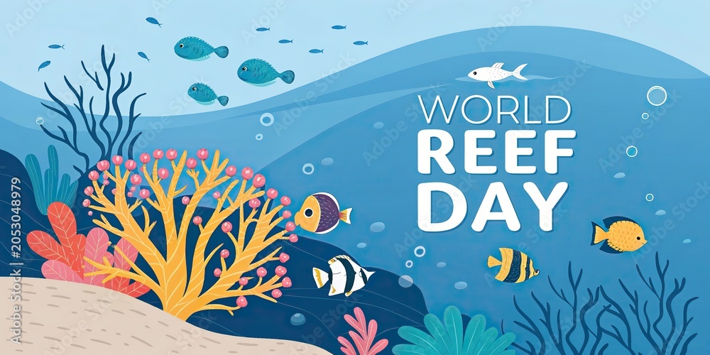Fototapeta premium Colorful coral reef with tropical fish underwater ocean scene World Reef Day banner