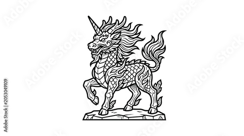 Obraz na płótnie Intricate black and white line art illustration of a mythical Qilin creature