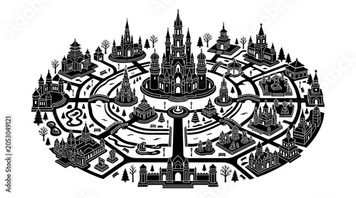 Photography Intricate black and white illustration of a circular fantasy kingdom with a central castle