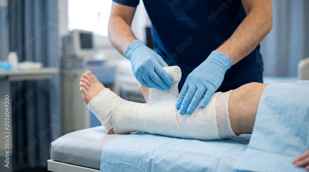 Naklejka premium Doctor Applying Gauze Bandage on Patient Injured Leg in Clinic. Surgeon in Blue Gloves Wrapping Broken Foot for Fracture or Trauma Rehabilitation, First Aid Medical Care.