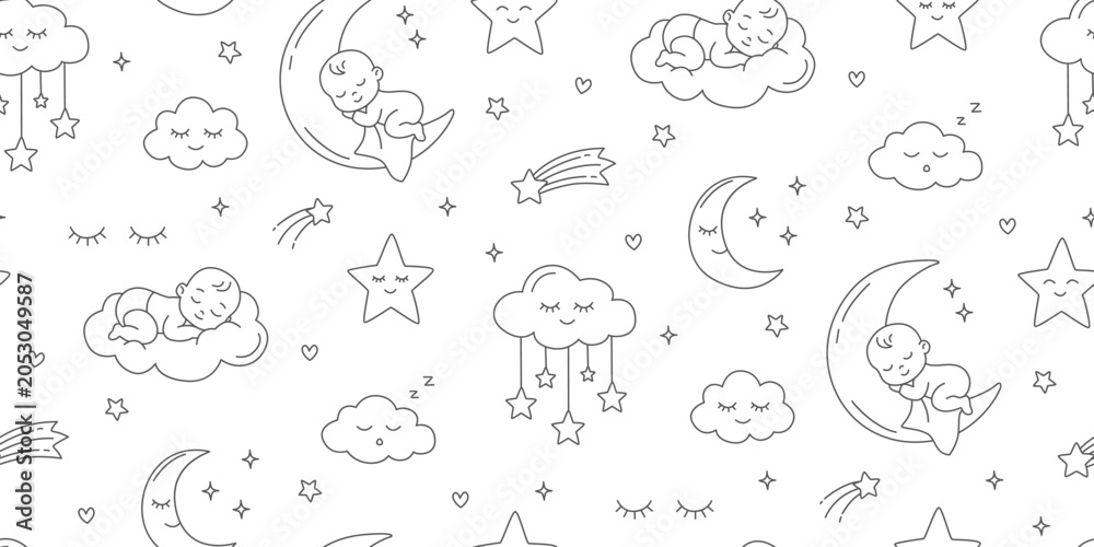 Obraz premium Sleeping Baby Moon Cloud Stars Seamless Pattern Line Art