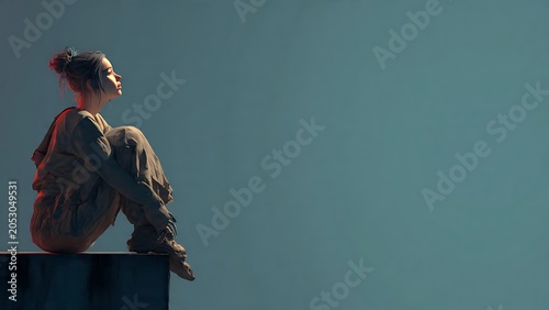 Thoughtful young woman sitting on a ledge with legs curled up, profile view against a dark turquoise background with wide copy space.