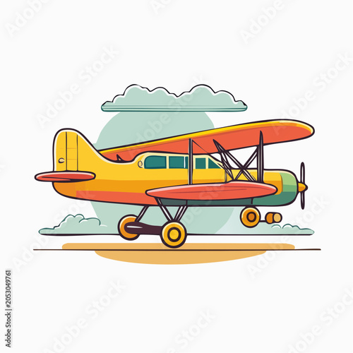 Cartoon Biplane Aircraft Flying with Clouds