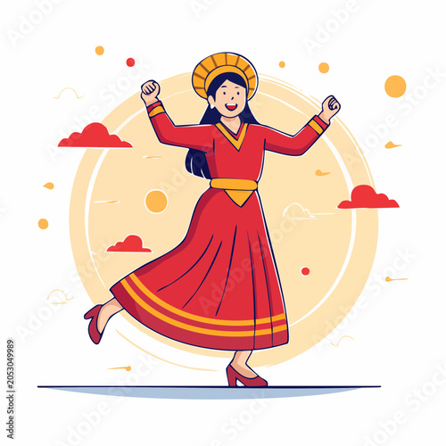 Woman in Traditional Red Dress Dancing