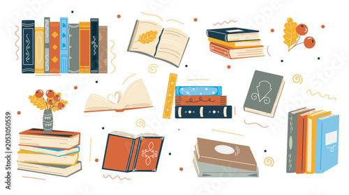 Bild auf Leinwand A cozy autumn-themed vector illustration featuring stacks of colorful books, open pages, and decorative elements such as leaves, berries, and vases