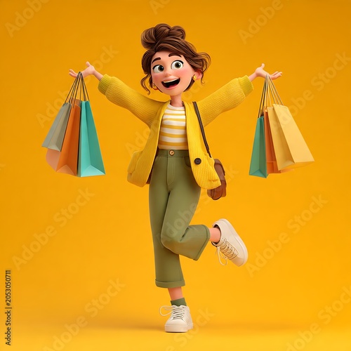 Joyful 3D cartoon woman celebrating a shopping spree, holding colorful paper bags on one leg against a solid yellow background.