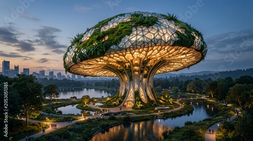 Futuristic bio-architectural building resembling a giant mushroom with a glowing interior and moss-covered dome, sunset cityscape.