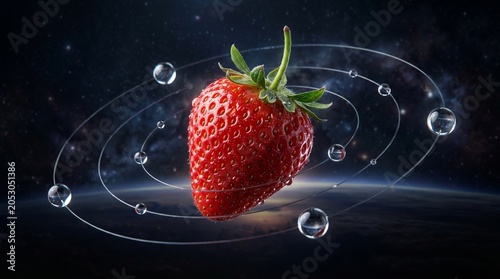 Macro close-up of a fresh red strawberry floating in zero gravity with water droplets orbiting like planets, space background.