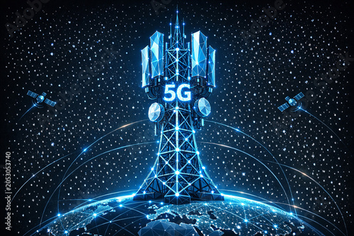 5G network tower surrounded by satellite and space themes, illustrating global communication.